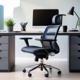 an ergonomic chair is sitting next to a workstation